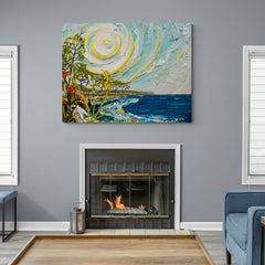 Pintura expresiva de un cielo y mar costero con técnica de espátula