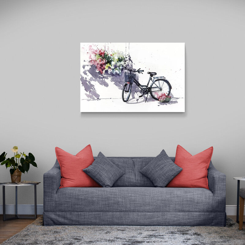 Ilustración en acuarela de bicicleta negra con fondo de flores abstractas en técnica de salpicadura