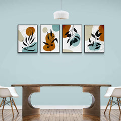 Serie de cuatro paneles abstractos con elementos botánicos en colores tierra
