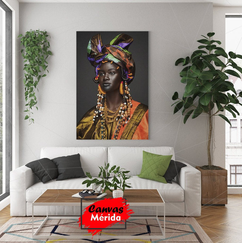Mujer Africana con Vestimenta Tradicional y Tocado Colorido en Retrato Artístico