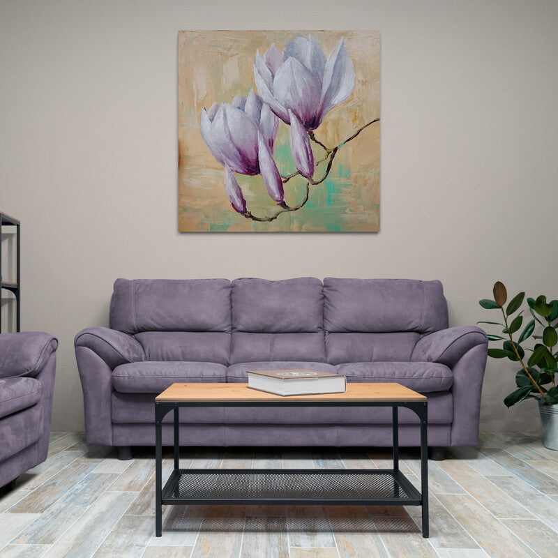 Pintura al óleo de magnolias lavanda sobre fondo texturizado neutro