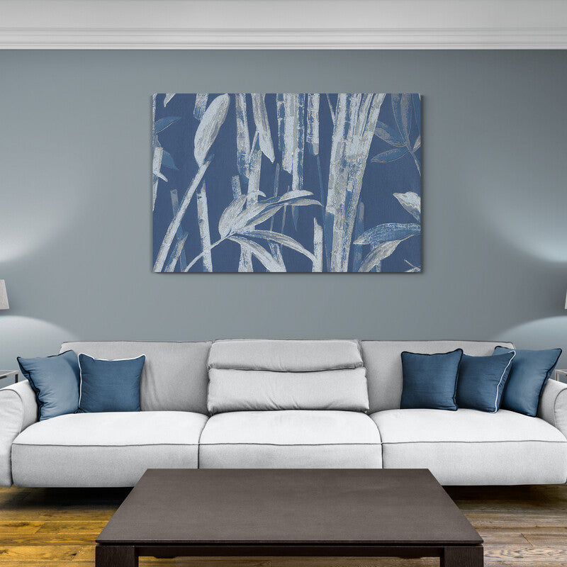 Pintura monocromática abstracta de bambú en tonos azules