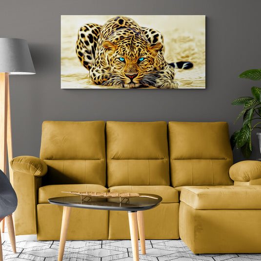 Leopardo con ojos azules en reposo