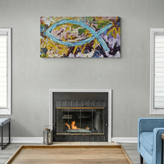 Pintura abstracta con óvalo azul sobre fondo multicolor