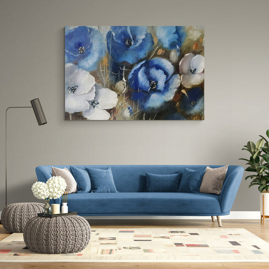 Pintura al óleo de amapolas azules y blancas con mariposas