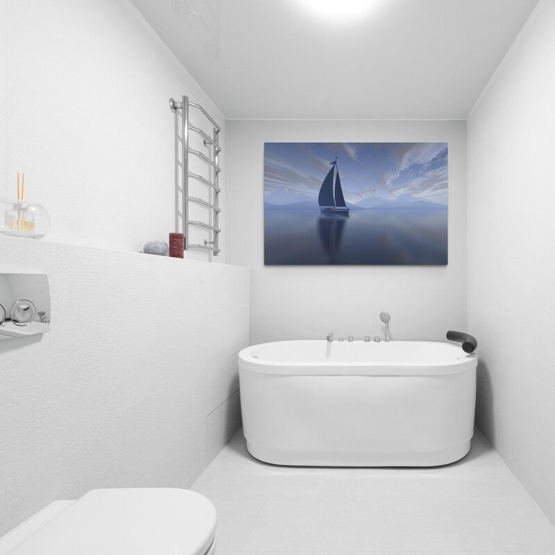 Pintura minimalista de un velero en aguas tranquilas con cielo amplio