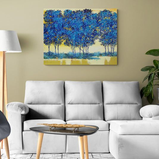Cuadro Decorativo Abstracto de Bosque con Árboles Altos de Hojas Azules y Fondo Amarillo