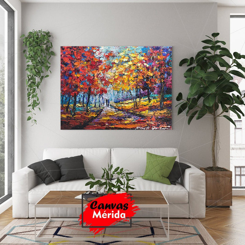 Pintura al óleo de bosque colorido con árboles en tonos rojos, amarillos, morados y rosas, camino serpenteante y silueta de pareja a lo lejos, con aparente textura