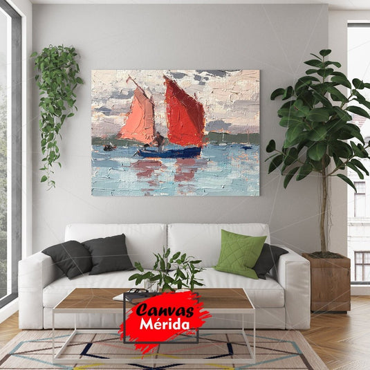 Pintura al óleo texturizada de un velero con velas rojas en el mar