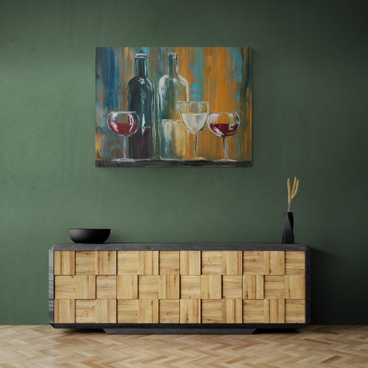 cuadro moderno abstracto de botellas y copas de vino sobre fondo colorido – arte decorativo para comedor o bar
