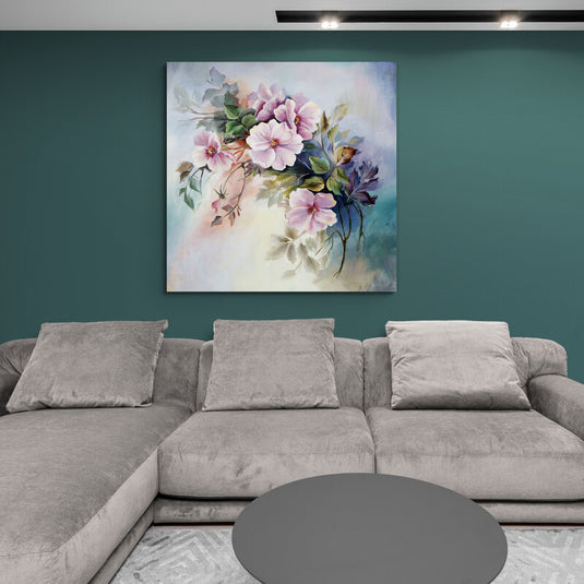 Pintura al óleo de flores silvestres en tonos pastel con un fondo suave y etéreo