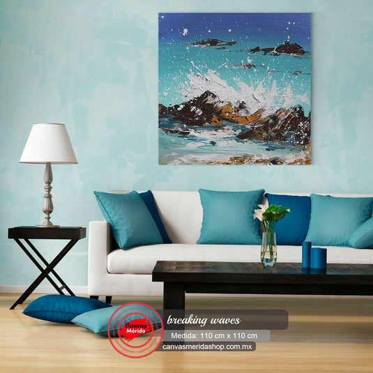 Pintura impresionista de olas rompiendo contra las rocas