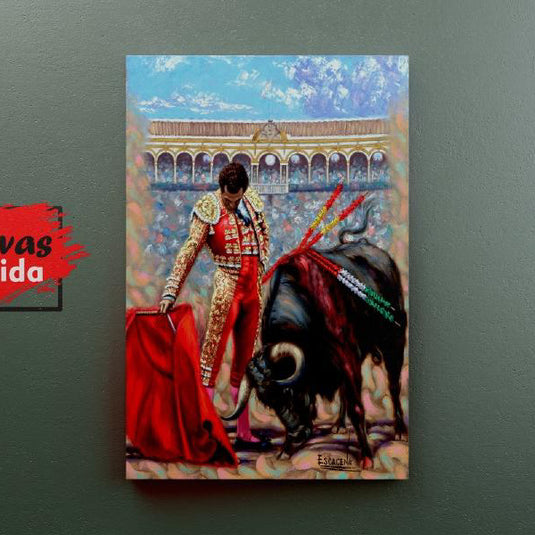 Cuadro de torero con muleta enfrentando a un toro