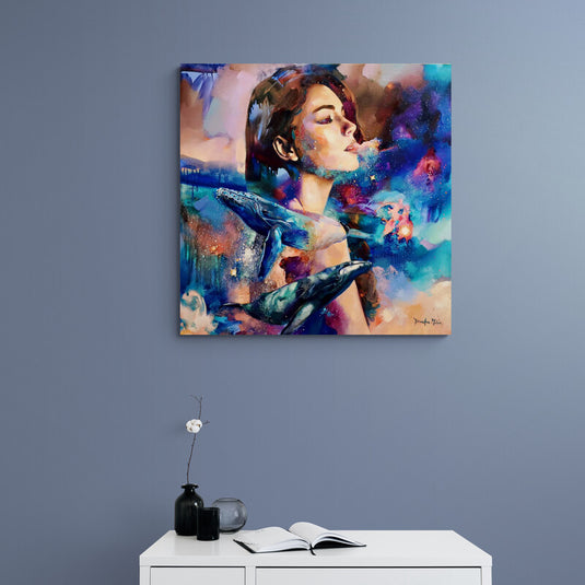 Celestial - Mujer en un sueño oceánico rodeada de ballenas en tonos azules y violetas.Mérida Fine Print Art