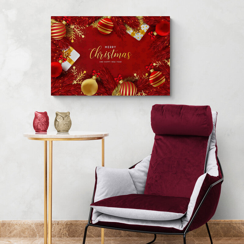 Postal navideña 'Merry Christmas and Happy New Year' con fondo rojo, ramas de pino rojas y doradas, esferas festivas y regalos blancos