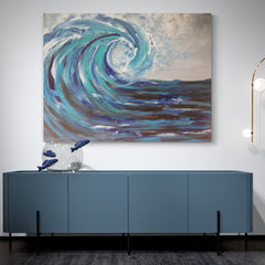 Pintura abstracta que captura el movimiento de una ola en azules y blancos