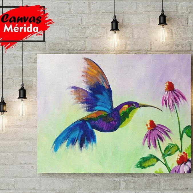 Cuadro decorativo con colibrí y flores en lila, verde y vibrantes colores