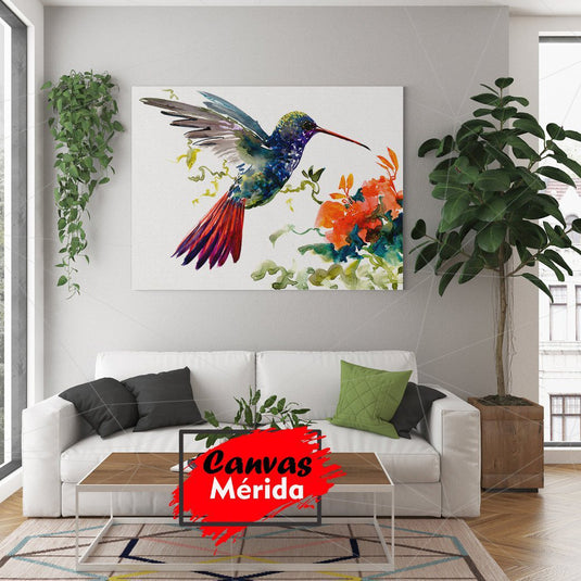 Colibrí con alas extendidas junto a flores naranjas en fondo blanco: Cuadro decorativo