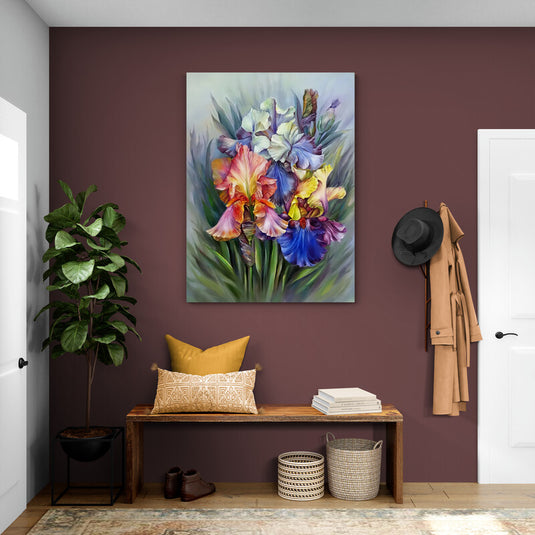 Pintura al óleo colorida de flores de iris en tonos variados