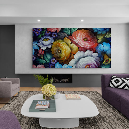 Pintura al óleo de flores estilizadas en colores vibrantes