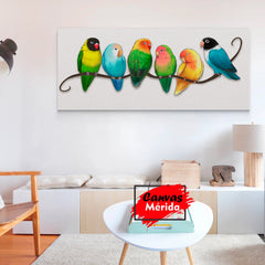 Cuadro decorativo: Pájaros en rama con variedad de colores sobre fondo blanco