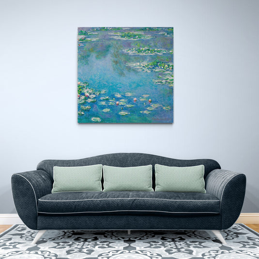 Cuadro de nenúfares estilo impresionista en tonos azules y verdes.