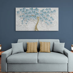 Cuadro decorativo de árbol con tronco dorado y ramas en forma de flores azules y blancas sobre fondo gris