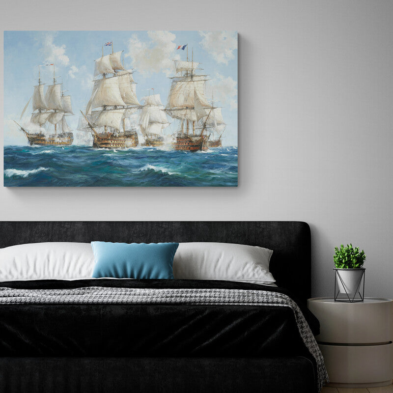Pintura de tres galeones históricos navegando en el mar agitado