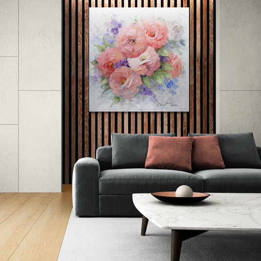Pintura al óleo de rosas rosadas y violetas con efecto acuarela