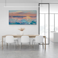 Pintura impresionista de un atardecer reflejado en el mar