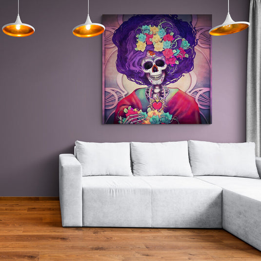 Pintura colorida de La Catrina con flores en el pelo y corazón en el pecho