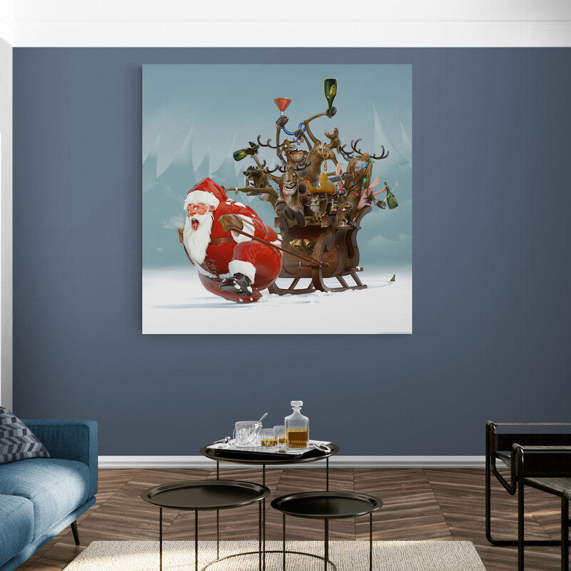 Santa Claus luchando con renos revoltosos en su trineo