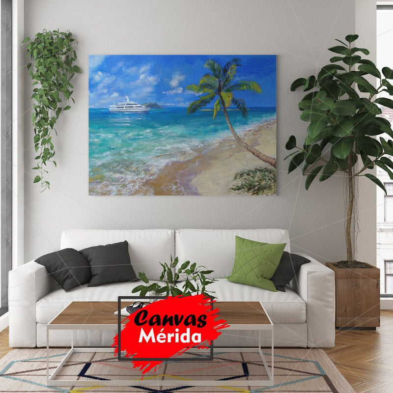 Pintura de un crucero pasando por una playa tropical con una palmera