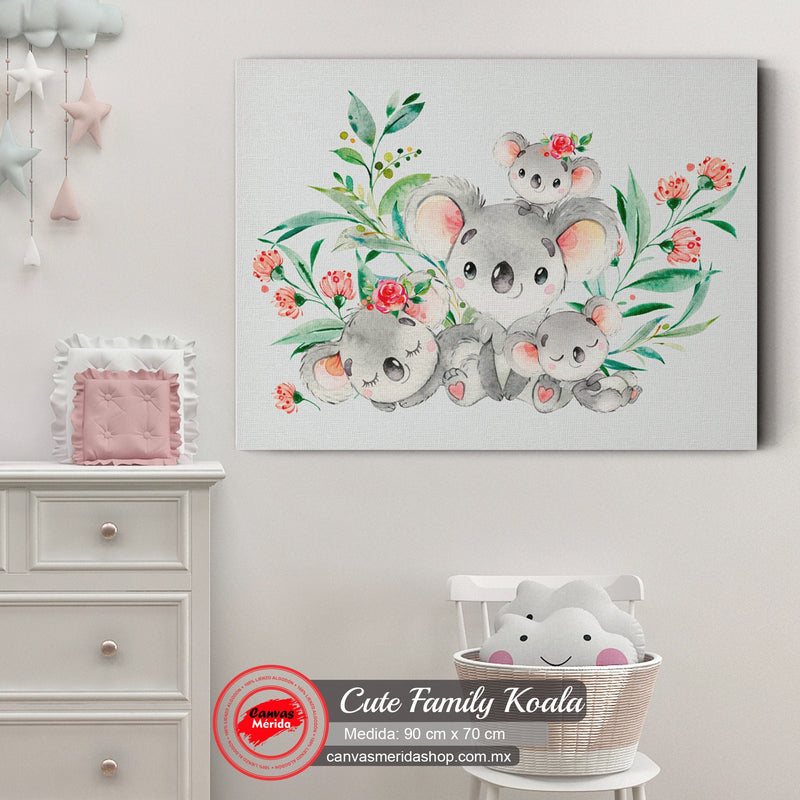 Pintura de acuarela de tres koalas entre flores y hojas
