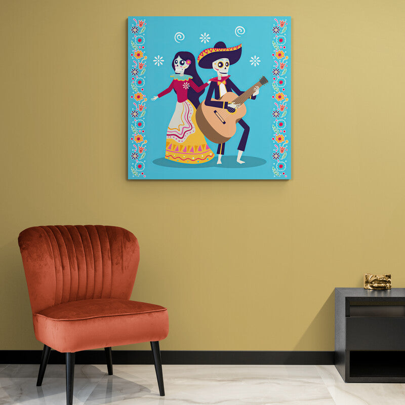Ilustración colorida de una pareja de Catrines mexicanos con motivos florales