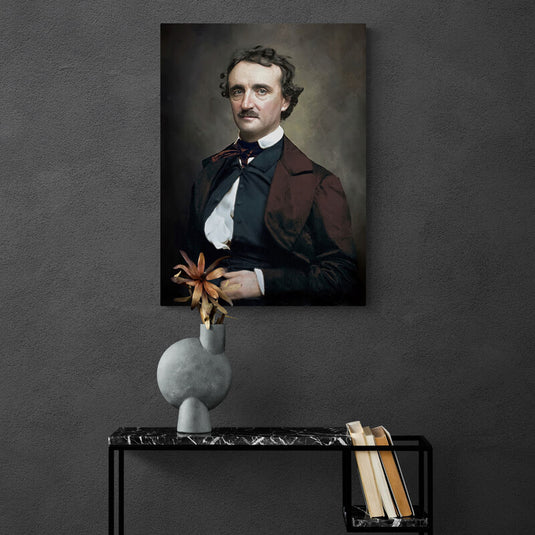 Retrato clásico de Edgar Allan Poe con flor