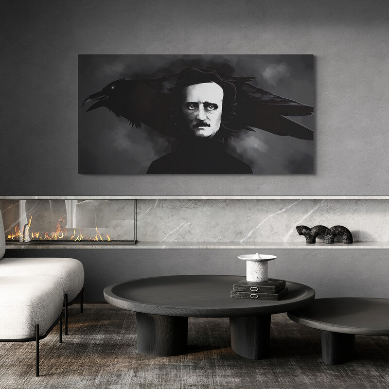 Edgar Allan Poe con cuervo horizontal sobre fondo gris