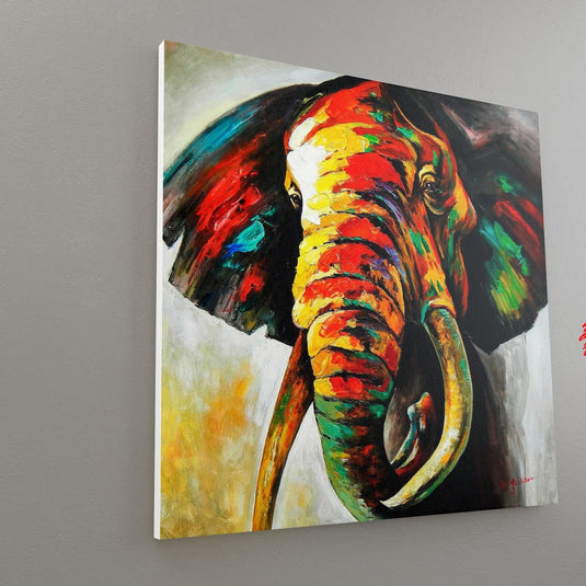 Pintura vibrante de elefante multicolor.