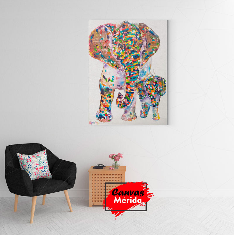 Cuadro Decorativo: Elefante Grande y Cría de Colores en Fondo Blanco con Puntos de Color