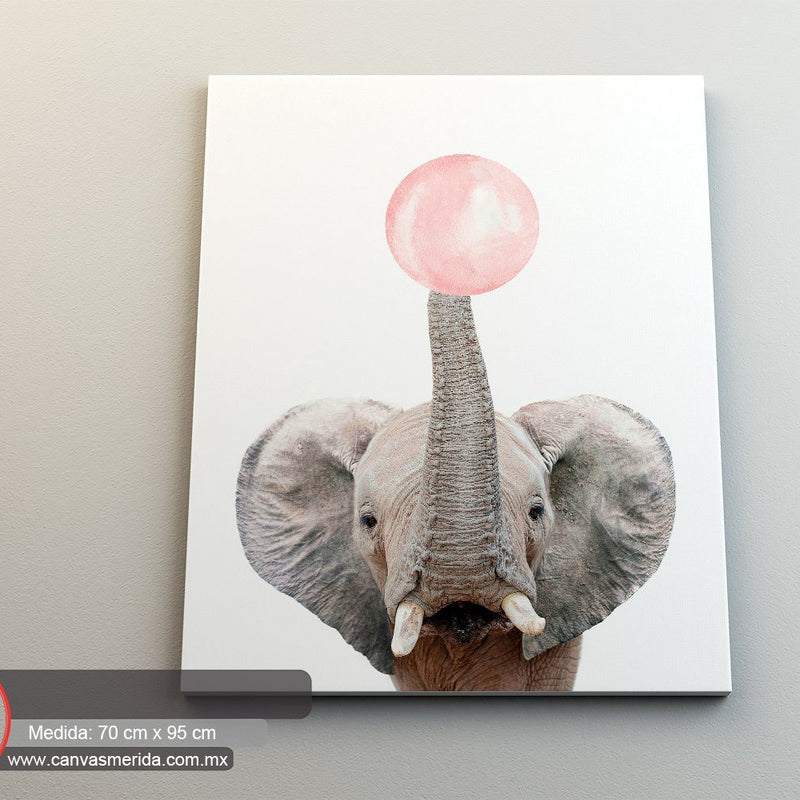 Cuadro decorativo: Elefante con bomba de chicle rosa en trompa