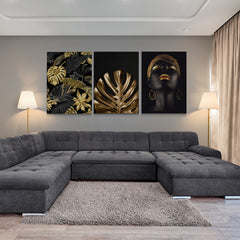 Set de cuadros decorativos con elementos dorados sobre fondo negro