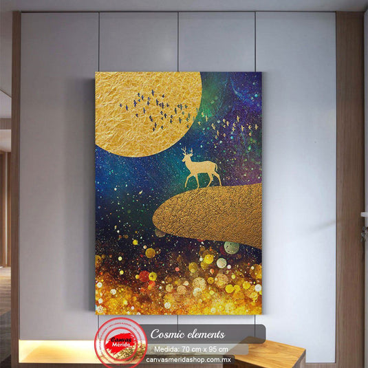 Cuadro decorativo con fondo azul y elementos brillantes en amarillo, naranja, sol radiante, montaña, venado y pajaritos amarillos y azules