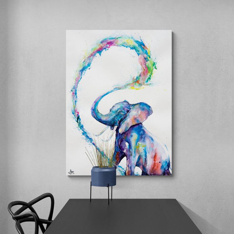 Pintura de elefante con acuarelas y colores vibrantes creando un arcoíris para arte decorativo inspirador