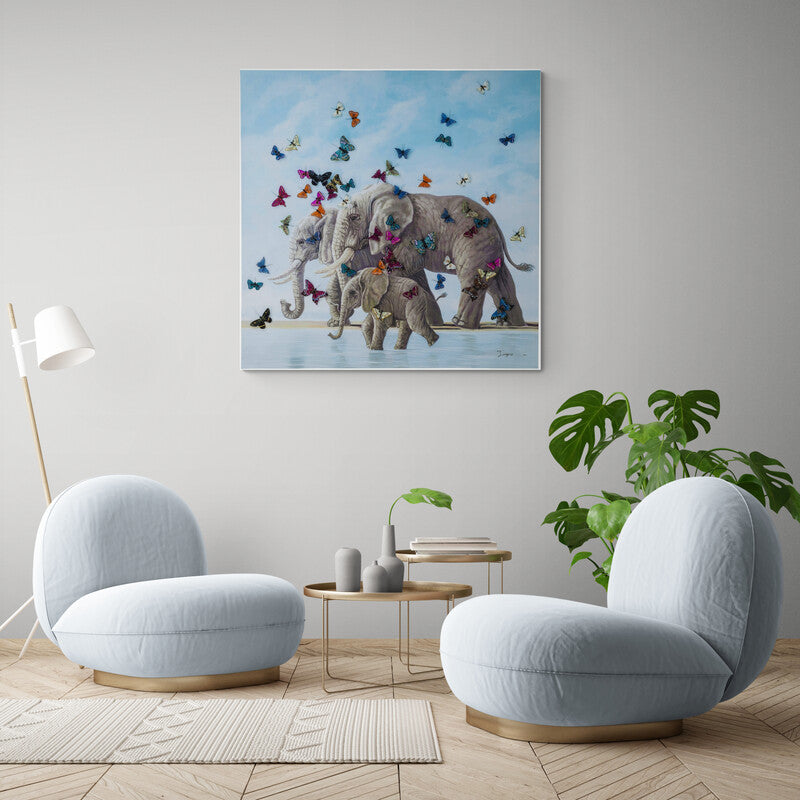 Elephants Among Butterflies - Canvas Mérida Fine Print Art
