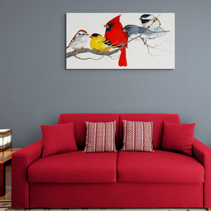 Cuadro decorativo: Pájaros en rama con cardenal rojo sobre fondo blanco