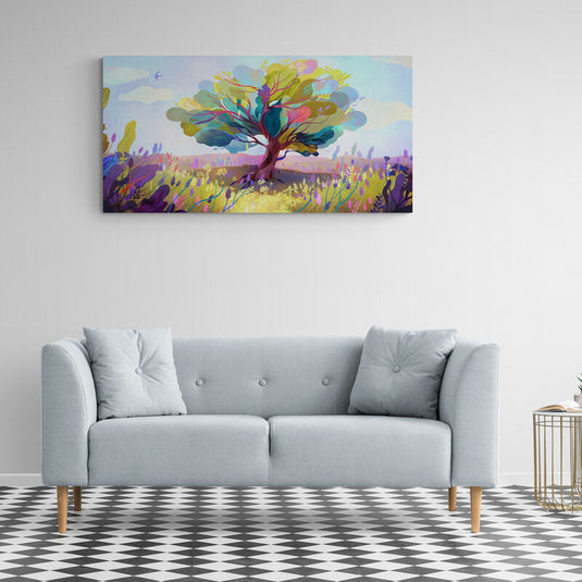 Cuadro_decorativo_animado_con_cielo_azul,_vegetación_verde_y_árbol_de_hojas_verdes,_azules_y_rosa