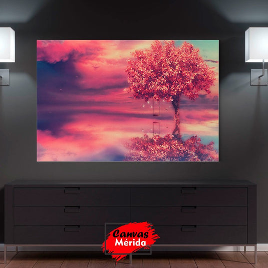 Cuadro Decorativo: Paisaje con Lago, Árbol Frondoso y Columpio en Tonos Morados, Rosas y Rojos