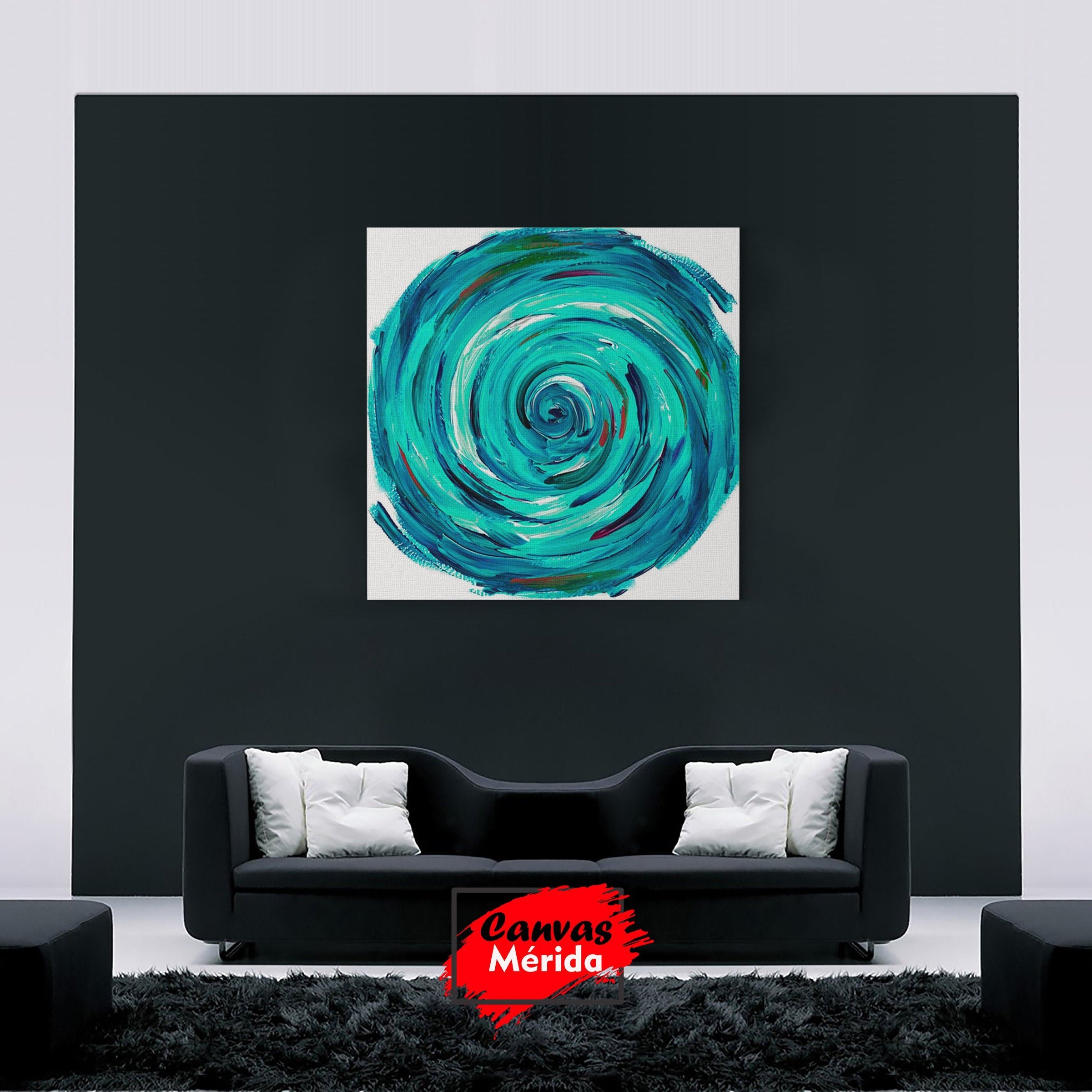 Pintura abstracta con textura impasto de una espiral en tonos azules y verdes que simboliza calma y movimiento