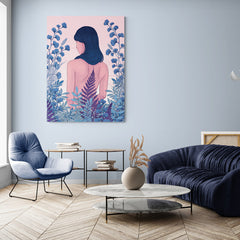 Ilustración de una mujer con plantas en tonos pastel