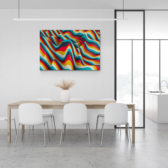 Cuadro abstracto con patrones ondulados y colores vivos que crean un efecto óptico dinámico